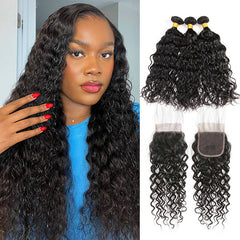 iPretty 4x4 3 Bundles Water Wave Lace Human Virgin Hair with Closure Deal