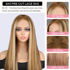 iPretty Pre Bleached Tiny Knots 6x5 Pre-Cut Lace Straight P6/22 Highlight Color Wear & Go Glueless Wig