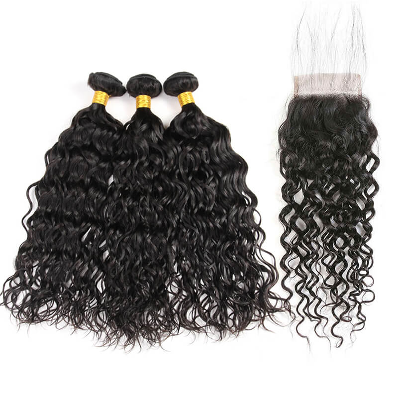 iPretty 4x4 3 Bundles Water Wave Lace Human Virgin Hair with Closure Deal