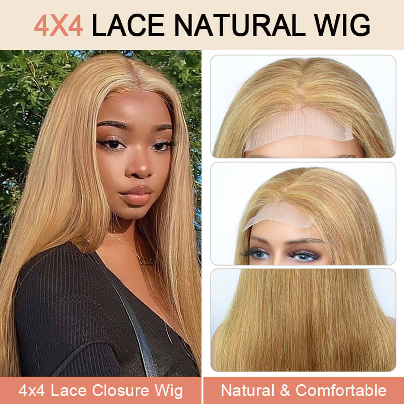 iPretty Honey Blonde #27 Color 4x4 Lace Closure Straight Human Hair Wig