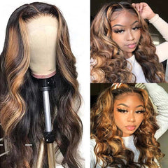 iPretty Highlight Brown Honey Blonde Ombre Wig 4/27 Body Wave Long Lace Front Human Hair Wigs