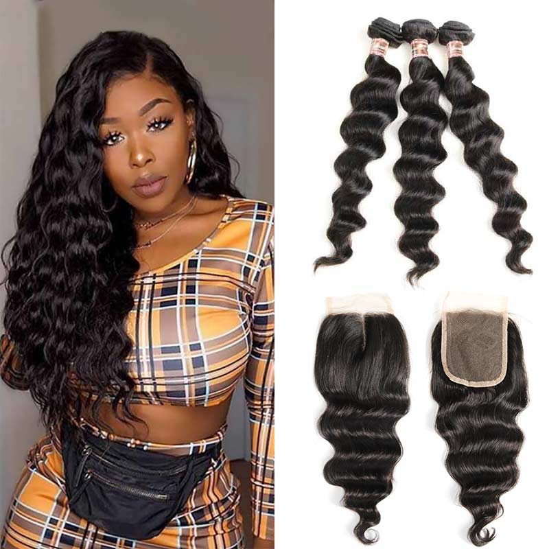 iPretty Brazilian Loose Wave Human Hair Weave Bundles With Closure