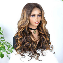 iPretty Highlight Brown Honey Blonde Ombre Wig 4/27 Body Wave Long Lace Front Human Hair Wigs