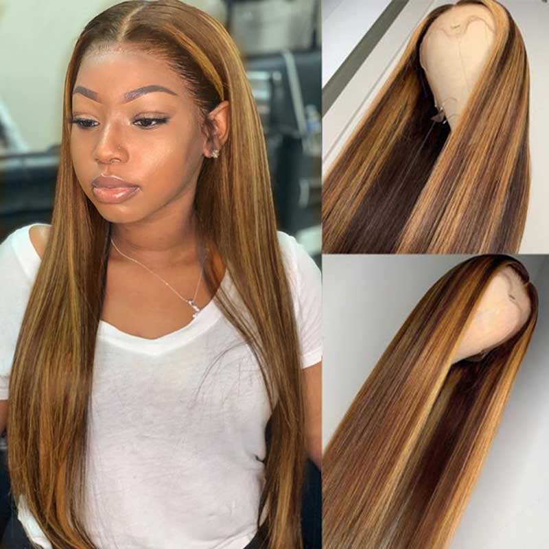 iPretty Ombre Highlight Brown Honey Blonde Premade Straight Lace Front Human Hair Wigs