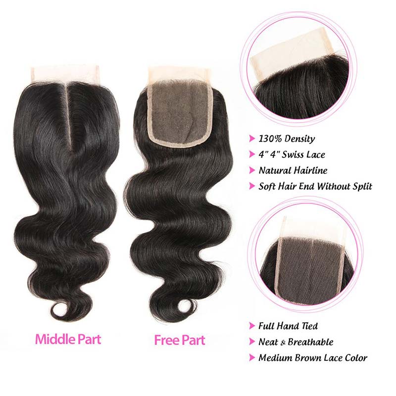 iPretty Body Wave 4x4 HD/Medium Brown Lace Closure Pre Plucked with Baby Hair