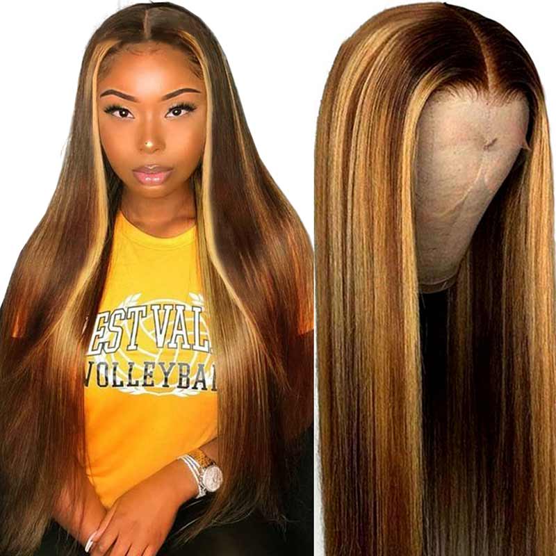 iPretty Ombre Highlight Brown Honey Blonde Premade Straight Lace Front Human Hair Wigs