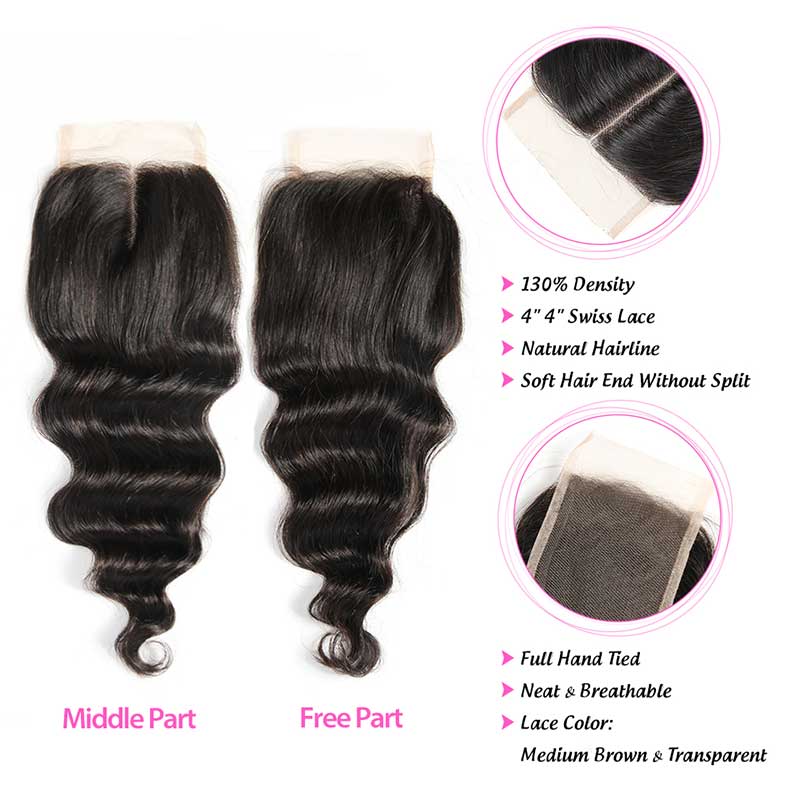 iPretty Loose Wave Human Hair Bundles With Free/ Middle Part 4x4 Lace Closure