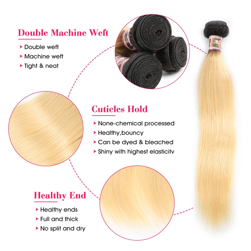 iPretty 1B/613 Honey Blonde Ombre Brazilian Straight Human Hair Bundles Dark Roots