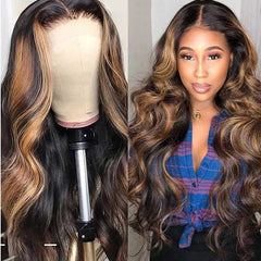 iPretty Highlight Brown Honey Blonde Ombre Wig 4/27 Body Wave Long Lace Front Human Hair Wigs