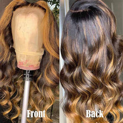 iPretty Highlight Brown Honey Blonde Ombre Wig 4/27 Body Wave Long Lace Front Human Hair Wigs