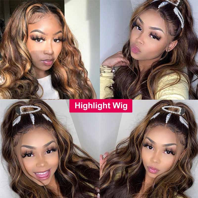 iPretty Highlight Brown Honey Blonde Ombre Wig 4/27 Body Wave Long Lace Front Human Hair Wigs