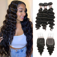 iPretty Brazilian Loose Wave Human Hair Weave Bundles With Closure