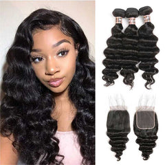 iPretty Loose Wave Human Hair Bundles With Free/ Middle Part 4x4 Lace Closure