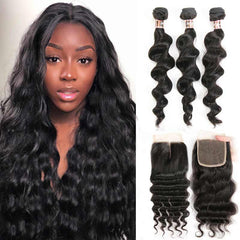 iPretty Loose Wave Human Hair Bundles With Free/ Middle Part 4x4 Lace Closure