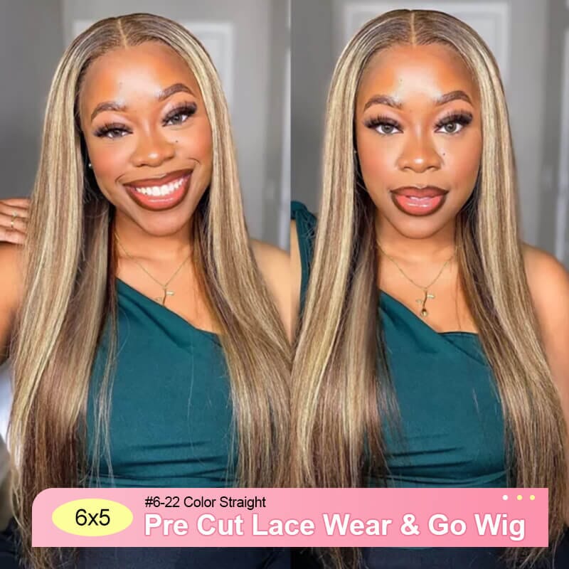 iPretty Pre Bleached Tiny Knots 6x5 Pre-Cut Lace Straight P6/22 Highlight Color Wear & Go Glueless Wig