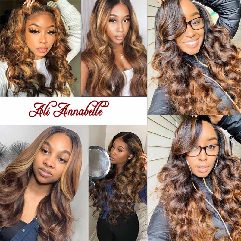 iPretty Highlight Brown Honey Blonde Ombre Wig 4/27 Body Wave Long Lace Front Human Hair Wigs